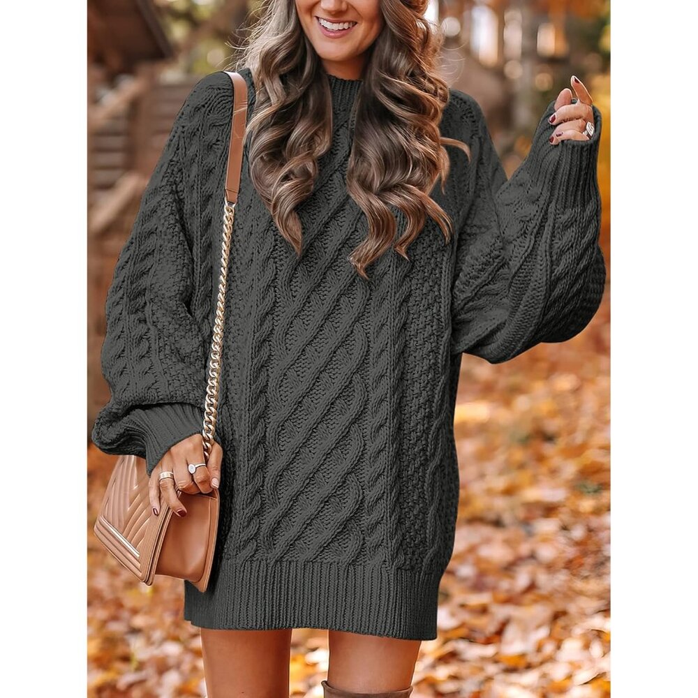 Women Oversized Cable Knit Sweater Grey Chunky Long Sleeve Fall Winter Outfit - Picture 2 of 7